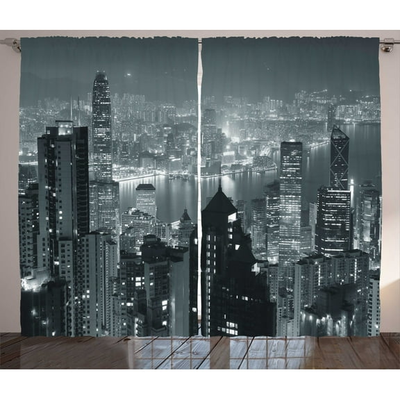 Ambesonne City Curtains 2 Panel Set, Aerial Night Landscape, 108" x 108", Grey