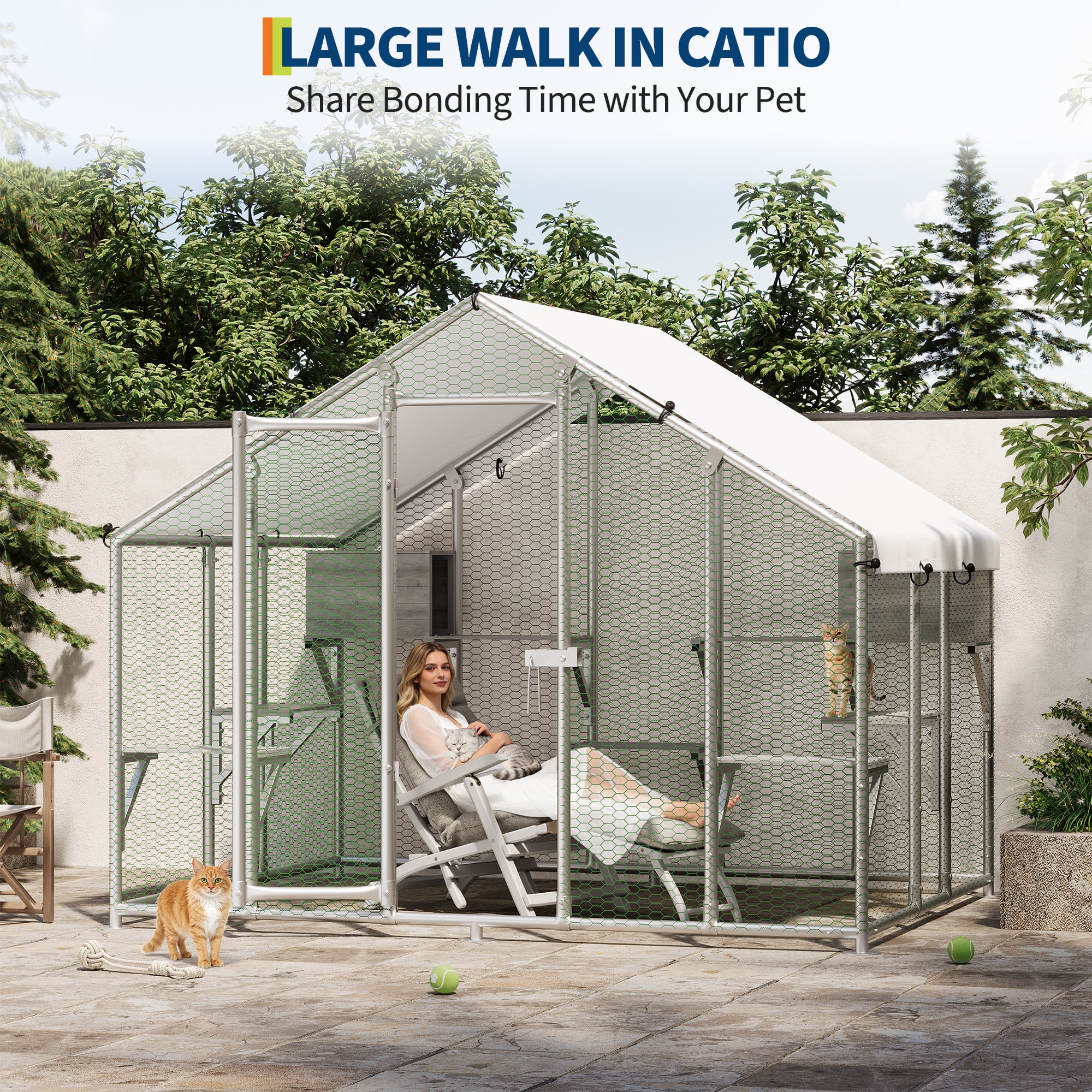 94.5" Large Outdoor Cat Enclosure (Catio) – Walk-In Design with 7 Platforms & 2 Condos