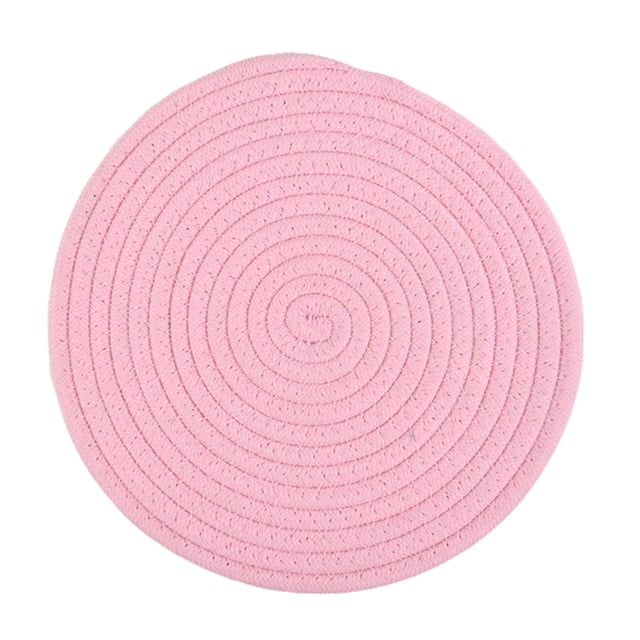 mantel individual genérico de 18 cm para ollas calientes de cocina, decoración de mesa, color rosa — vista cenital frontal de un mantel redondo de 18 cm de cuerda de algodón trenzada en espiral, textura de tejido natural y acabado mate; aislante y absorbente, adecuado como posavasos, almohadilla térmica o tapete decorativo.