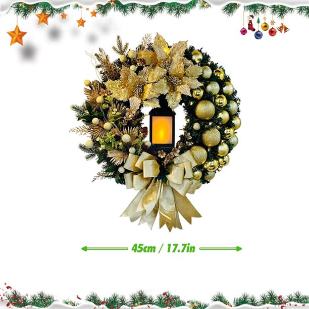 Decoración navideña para el hogar, corona de Navidad con bola de lazo ligero, flor roja grande, Nochevieja, 2024, decoración de puerta, ventana y habitación