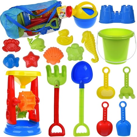 Kids Beach Sand Toys Set for Gift with Sand Molds,Mesh Bag, Sand Wheel,Tool Play Set, Watering Can, Shovels, Rakes, Bucket ,Sea Creatures, Castle Molds 18 PCs