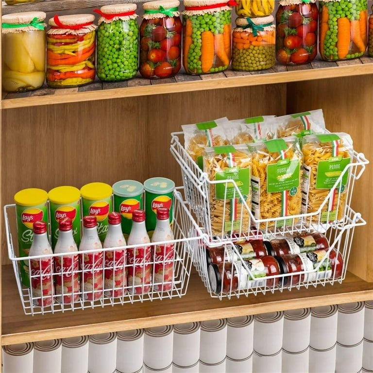 2 Pack Stackable Wire Storage Baskets With Handles for Pantry, Kitchen,  Bathroom, Cabinets, Cupboards, Counter Top, Freezer & Pantry Organizer Bins