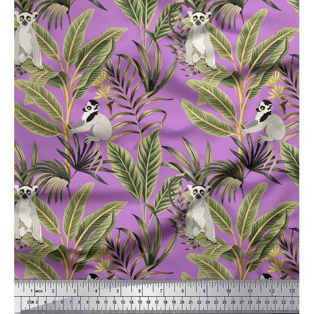 Soimoi Rayon Fabric Leaves & Lemur Animal Print Sewing Fabric Yard 56 Inch Wide