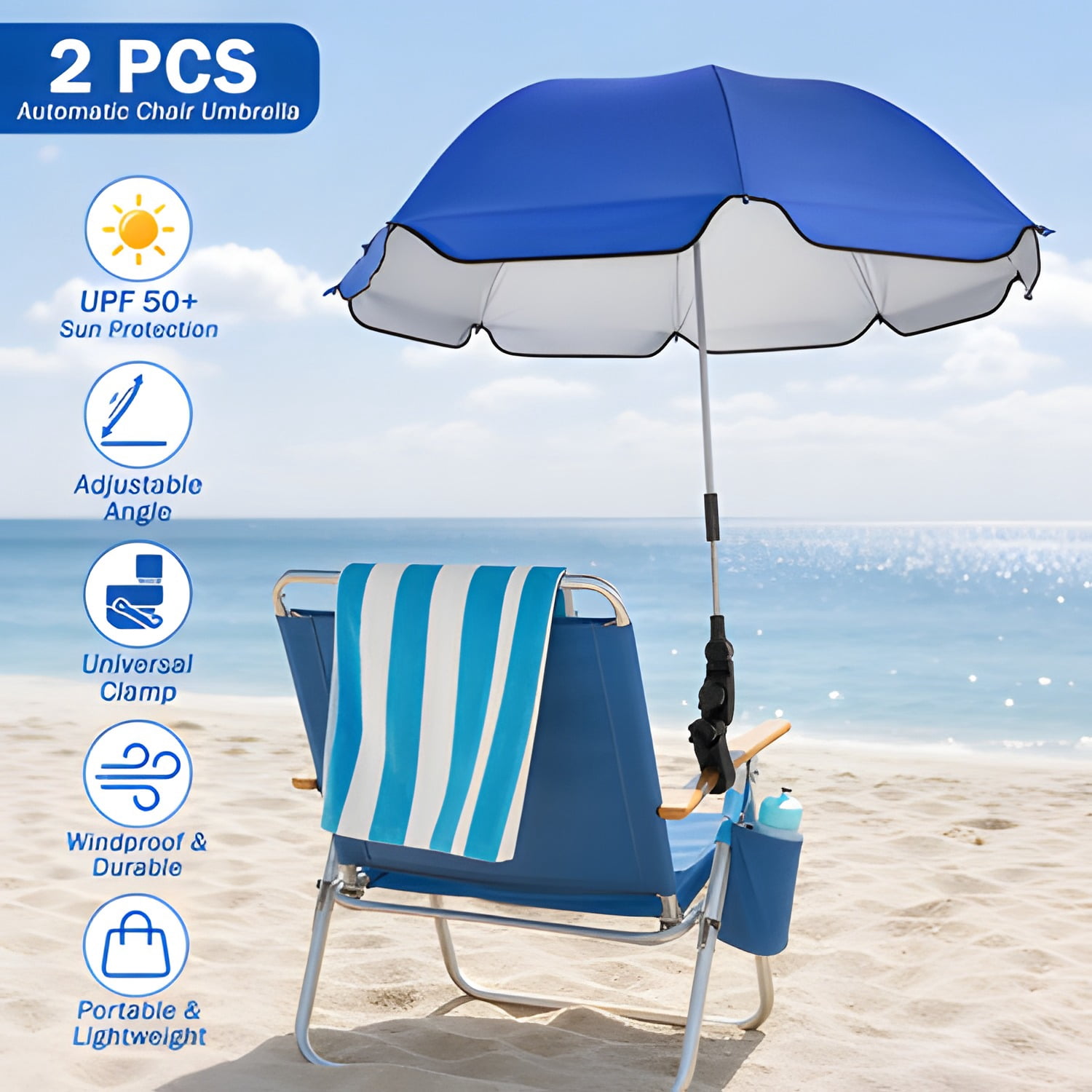 2 Pcs Automatic Chair Umbrella with Universal Clamp 44" UPF 50+ Portable Clamp on Beach Chair Adjustable Wheelchair Umbrella for Outdoor Patio Parasol