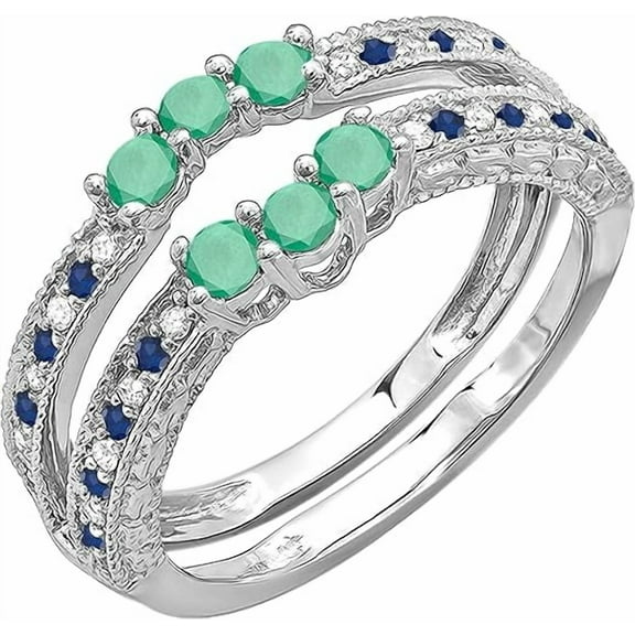 Dreamofdazzles Jewels 2.00 Ctw Round Cut Emerald & Blue Sapphire & Diamond Womens Wedding Enhancer Double Ring 14K White Gold Plated 925 Sterling Silver 925 Sterling Silver - 6