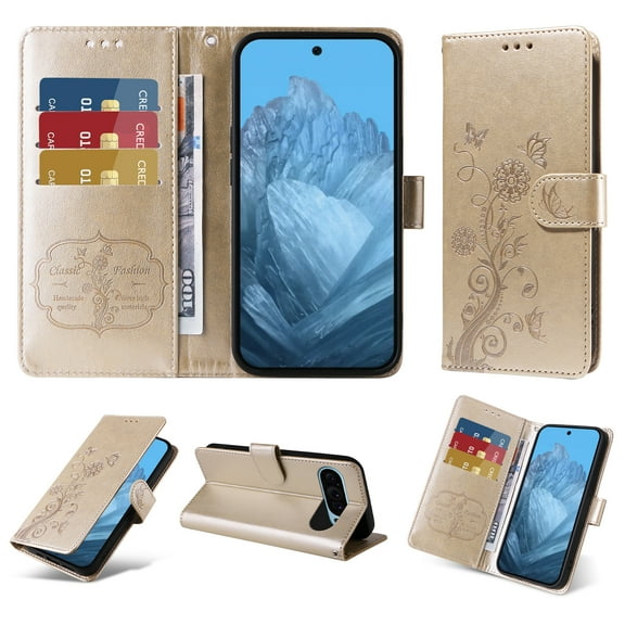 Compatible with Google Pixel 9 Pro XL Wallet Case with Card Holder & Cash Slot [RFID Blocking],Wallet Wristlet Pressed Butterfly Flower PU Leather Magnetic Flip Folio Cover for Women Men,Gold