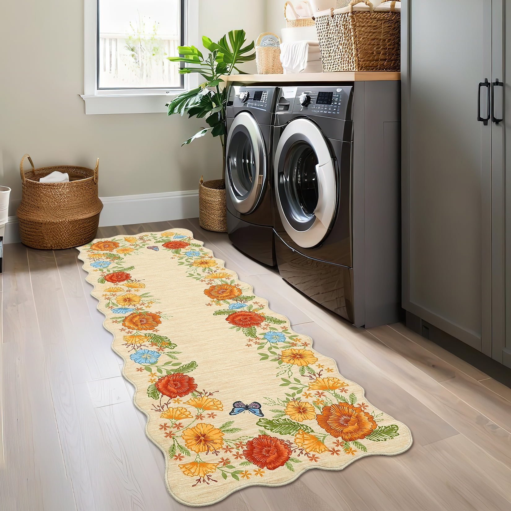 Garvee 2'x6' Area Rugs Washable Foldable Print Runner Rug, Non-Slip Low Pile Rug Distressed Indoor Floral Rugs for Hallway, Laundry Room Rug, Farmhouse Kitchen Mat, Yellow