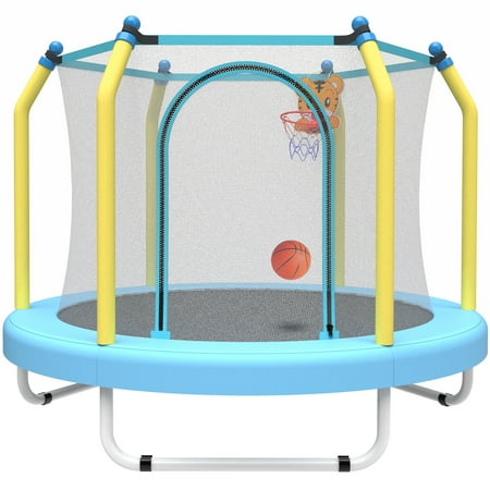 55  toddler trampoline with safety enclosure net  segmart upgrade mini trampoline with basketball hoop and ball  indoor outdoor trampoline birthday gifts with no gap design for kids ages 1-8