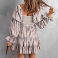 thumbnail image 4 of Vestido de línea con hombros descubiertos, cuello en V, manga larga, cintura, vestido estampado plisado adelgazante para mujer, 4 of 6