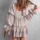 thumbnail image 4 of Vestido de una línea con hombros descubiertos, cuello en V, manga larga, cintura, vestido estampado plisado adelgazante para mujer Albaricoque M, 4 of 6