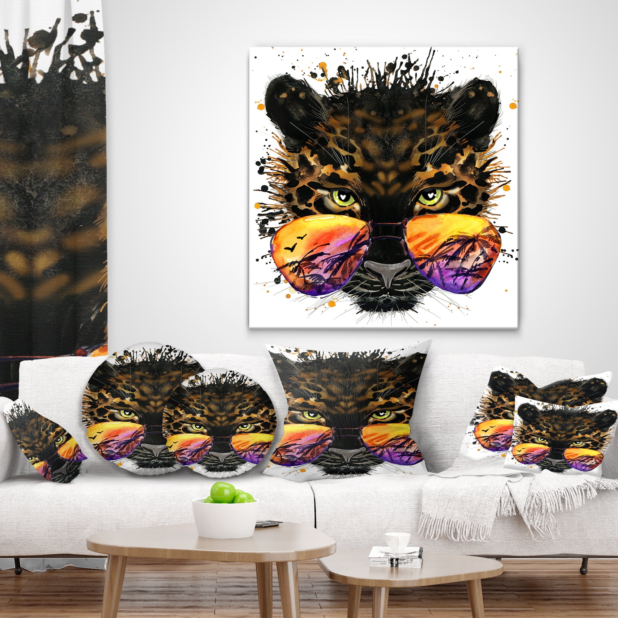 Designart Funny Jaguar with Sunglasses - Contemporary Animal Throw Pillow - 18x18