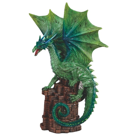 Green Terra Wyvern Monarch Dragon Perching On Medieval Castle Tower Figurine