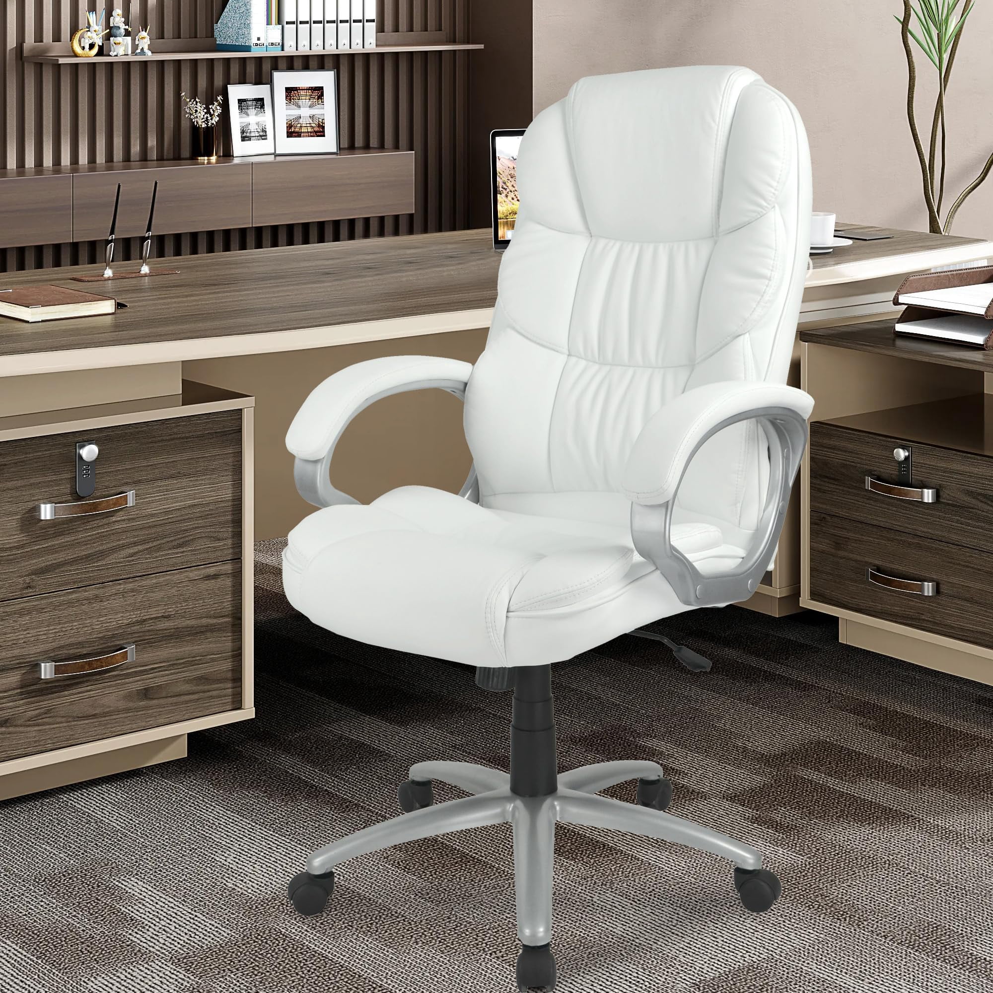 PayLessHere White Executive Office Chair - Ergonomic High Back w/Lumbar Support