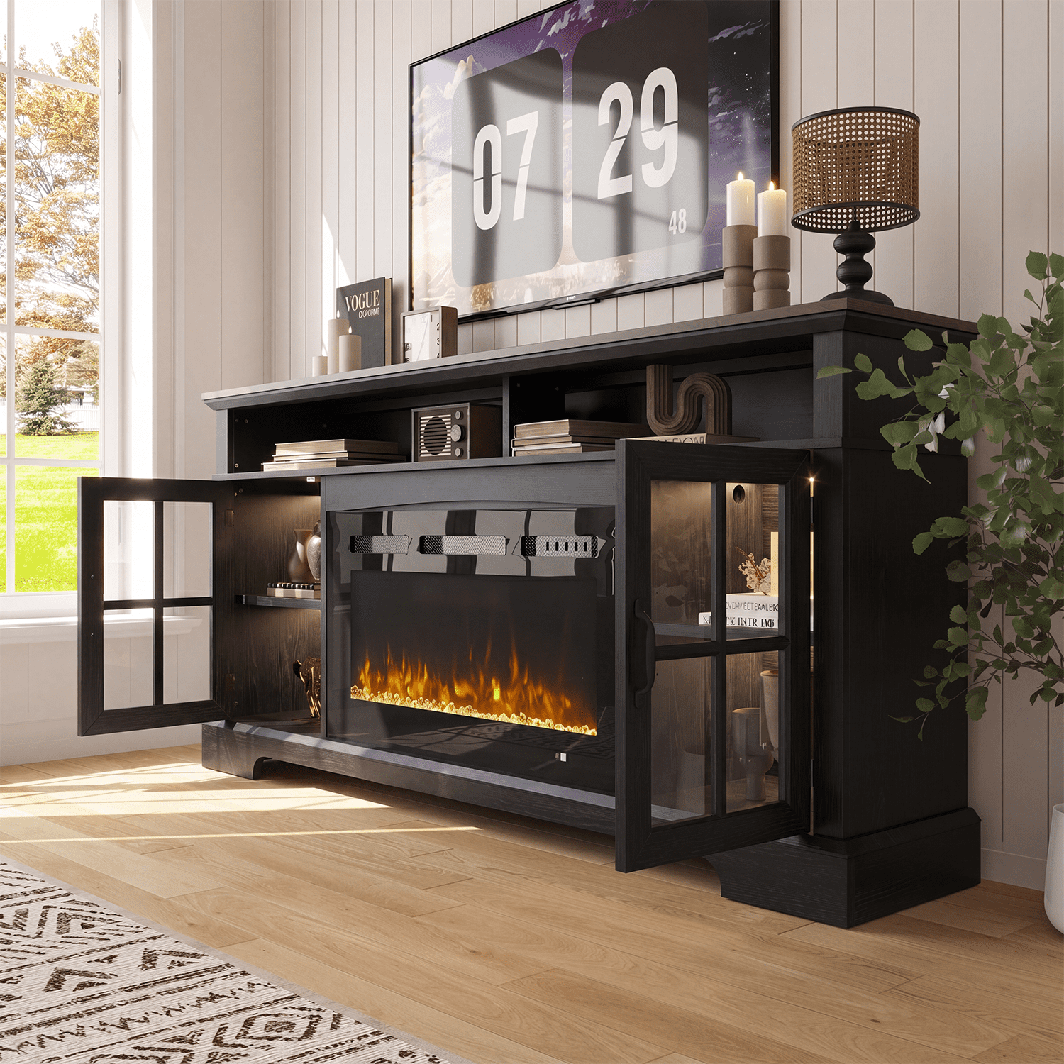 Sonegra Fireplace TV Stand with Glass Door for TVs up to 80", 70" Entertainment Center with Fireplace, Media Console for Living Room, Black