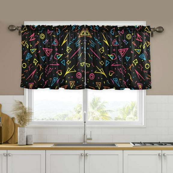 Yayeee Kitchen Curtains Tier Set of 2 Light Filtering 57"x24" Over Sink Window Panels, Black Neon Lightning