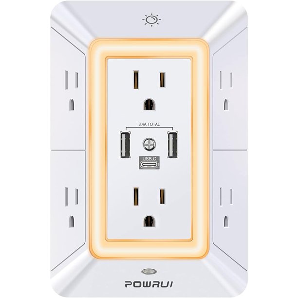 Protector contra sobretensiones de enchufe múltiple - POWRUI 6 extensor de salida con 3 puertos USB (1 USB C) y luz nocturna, regleta de alimentación de 3 lados con adaptador de tomas espaciadas - bla