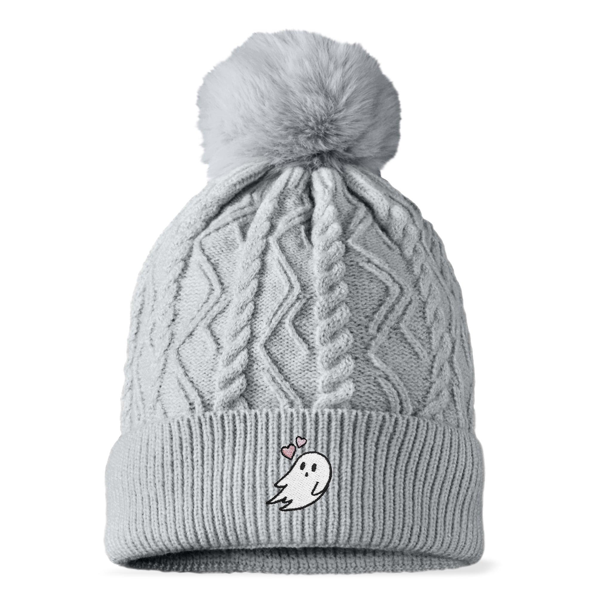Dalix Heartly Ghost Cable Knit Pom Beanie Soft Stretch Skully Warm Fuzzy Faux Sherpa Winter Ski Beanie in Gray