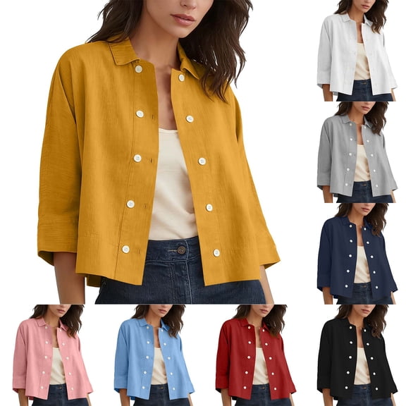 Endives Linen Shirts For Women Button Down Shirt Summer Solid Color Casual Half Sleeve Blouse Beach Loose Shirt Womens Tops Pink