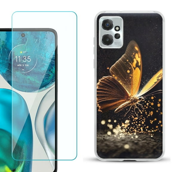 OneToughShield ® for Motorola Moto G Power 5G 2023 Shockproof Fashion Phone Case, with Tempered Glass Screen Protector - Golden Butterfly