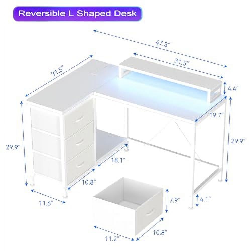 L Shaped Desk with Power Outlets & LED Lights, Computer Desk with Drawers & Shelves, Corner Desk Gaming Desk Home Office Desk