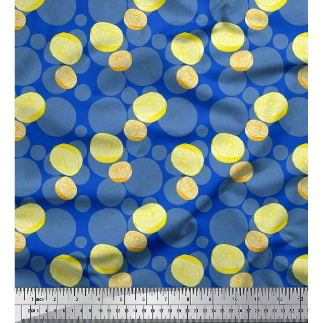 Soimoi Blue Satin Silk Fabric Lemon Slice Vegetable Print Sewing Fabric Yard 42 Inch Wide
