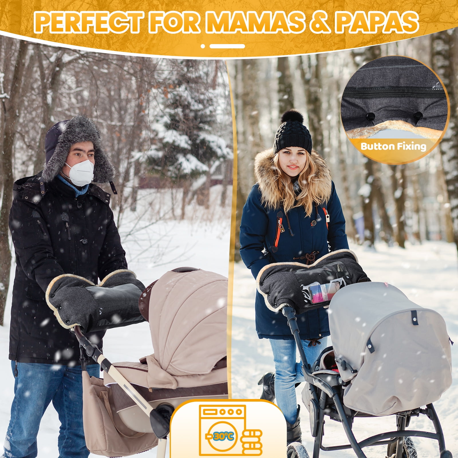 Orzbow Faux Sheepskin Stroller Gloves with Phone Pockets, Winter Extra Thick Mittens for Baby Stroller, Cozy & Warm, Dark Grey