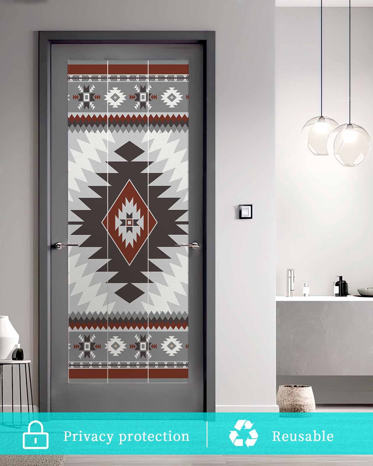 Window Privacy Film Gray Red Boho Stained Glass Window Film Decorative Sun Block Window Cover Southwestern Ethnic Abstract Geometric Window Clings Static Adhesive Sticker for Bathroom 29.5"x78.7"