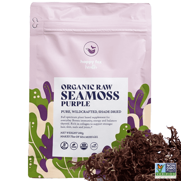 Organic Sea Moss: Purple, for Seamoss Gel by Happy Fox Health - Makes 75oz of Purple Sea Moss Gel Organic - Wildcrafted, Dr. Sebi Approved, Non GMO - / 2.5  Mos Supply - 100 Gr Pack