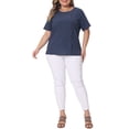 thumbnail image 2 of Blusa de algodón y lino de manga corta para mujer de tallas grandes Agnes Orinda, camiseta para el Día de la Madre, 3X, azul marino, 2 of 6