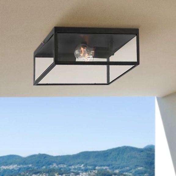 John Timberland Modern Outdoor Ceiling Light Fixture Matte Black 12" Clear Glass Panels Square Exterior House Porch Patio Outside