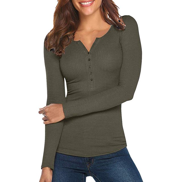 Opperiaya Women Spring T-Shirt Solid Color Henley Neck Long Sleeve Pullover