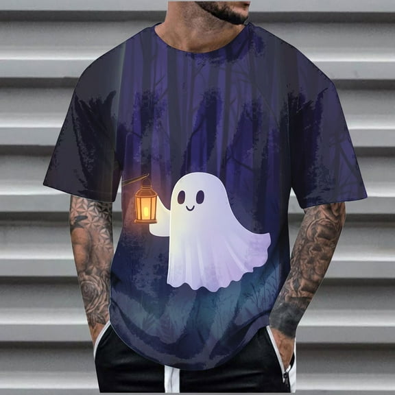 Delliss Men's Halloween Print T-Shirt Round Neck Short Sleeve Top Purple M