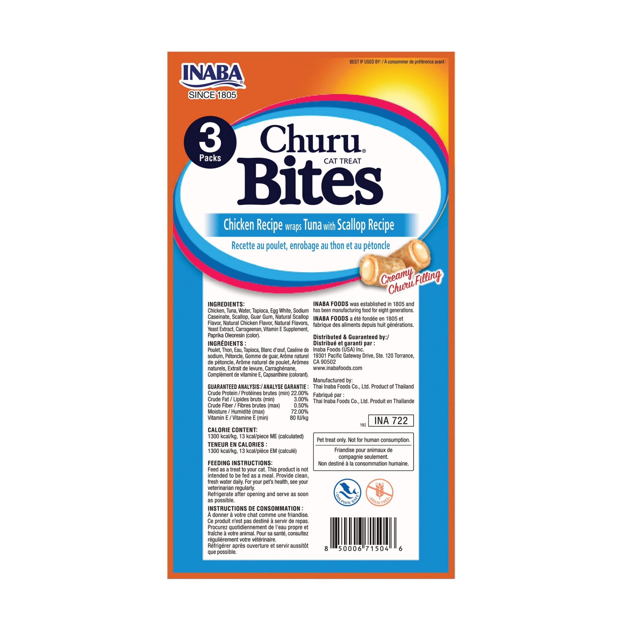 INABA Churu Bites for Cats, Grain-Free, Soft/Chewy Baked Chicken Wrapped Cat Treats with Savory Churu Centers, 0.35 Ounces Each Tube, 3 Tubes, Tuna with Scallop Recipe
