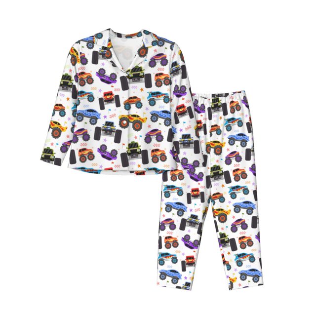 Balery Cartoon Monster Trucks1 Conjunto de Pijama con Estampado para Mujer, Conjunto de Dos Piezas con Manga Larga, Ropa de Dormir Suave con Bolsillos, Pijamas Cómodos-Medium