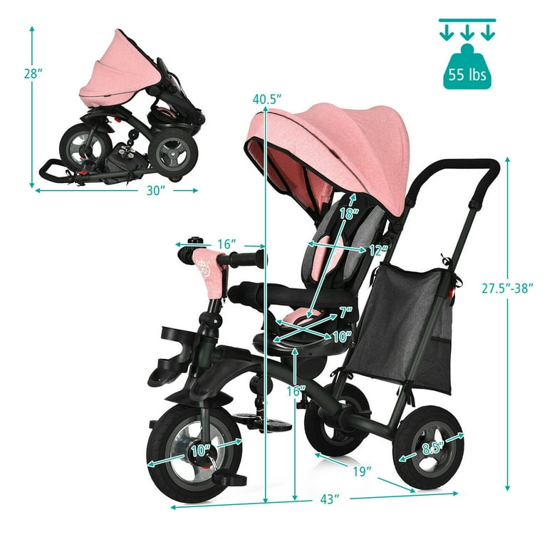 Gymax 7 In 1 Kids Folding Steer Stroller Baby Tricycle w