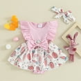 thumbnail image 2 of Okbabeha Baby Girl 2 Piece Set, Fly Sleeve Round Neck 3D Bow Bunny Romper Dress + Flower Print Headband Infant Toddler Easter Outfits, 2 of 8
