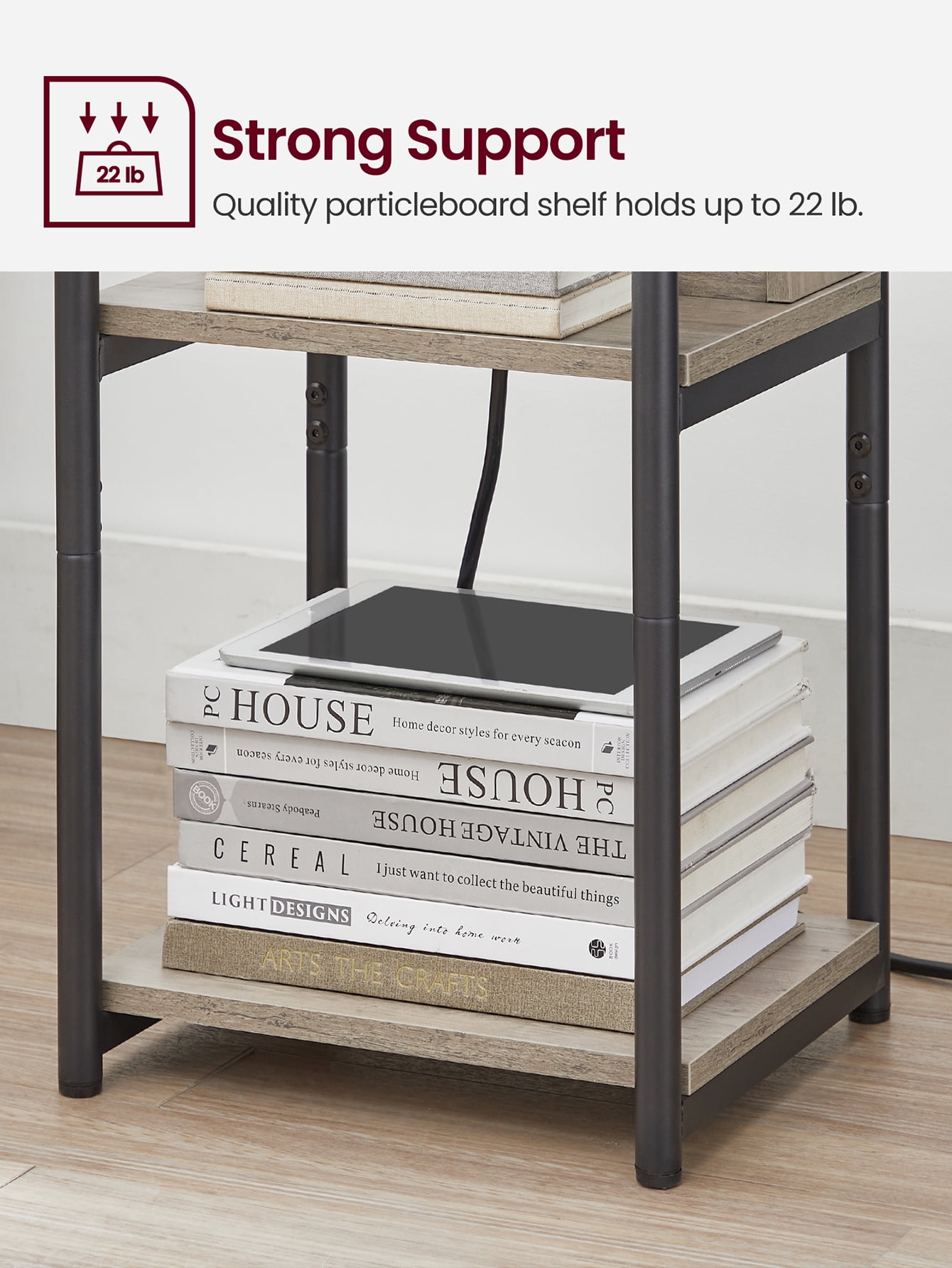End Side Table with Charging Station 3-Tier End Table with USB Ports and Outlets Nightstand for Living Room Bedroom Greige and Black