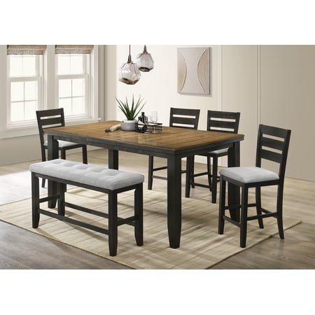 Counter Height Dining Set Solid Wood 6-Piece Set with 60-78 Extendable Rectangular Table Gray Fabric Upholstered Ladder Back Chairs and Bench Wheat Charcoal Finish for Dining Room
