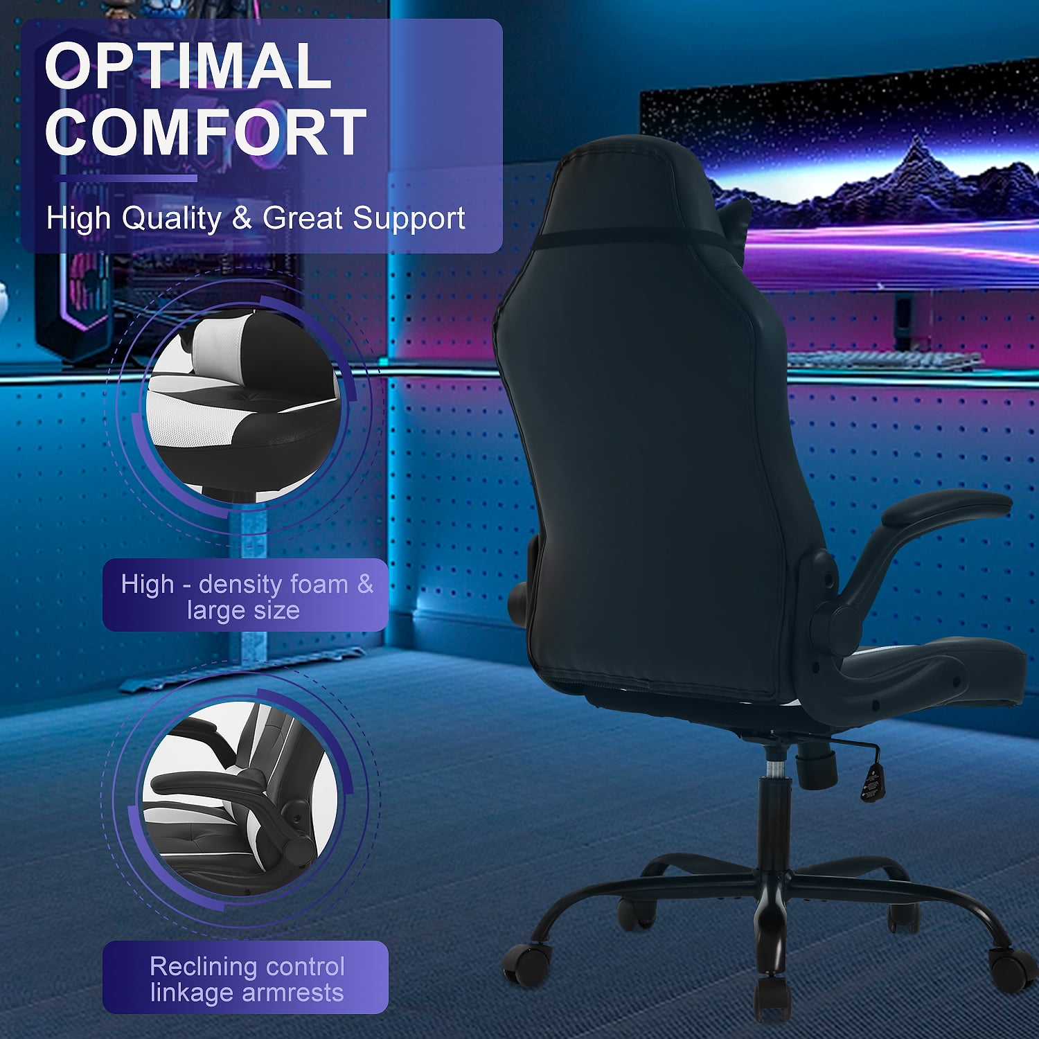 Furniture of America Hype Faux Leather Adjustable Gaming Chair, Black