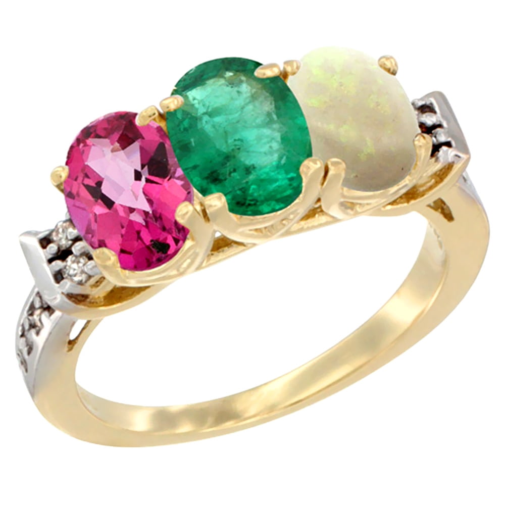 10K Yellow Gold Natural Pink Topaz, Emerald & Opal Ring 3-Stone Oval 7x5 mm Diamond Accent, sizes 5 10 by WorldJewels