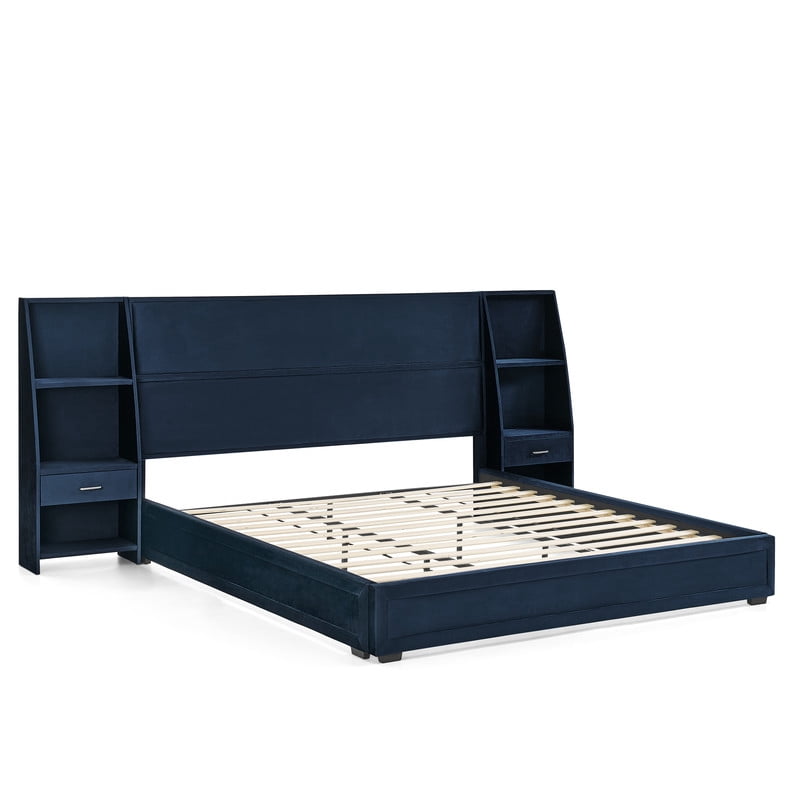 Queen/King Size Modern Upholstered Platform Bed Frame, Velvet Storage Bed with Headboard, Side Bookcases & Drawers Nightstand