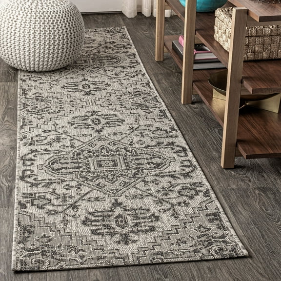 JONATHAN Y SANTA MONICA 2 x 10 Runner Rug, Estrella Bohemian Medallion Textured Weave - Black/Gray, SMB105D-210
