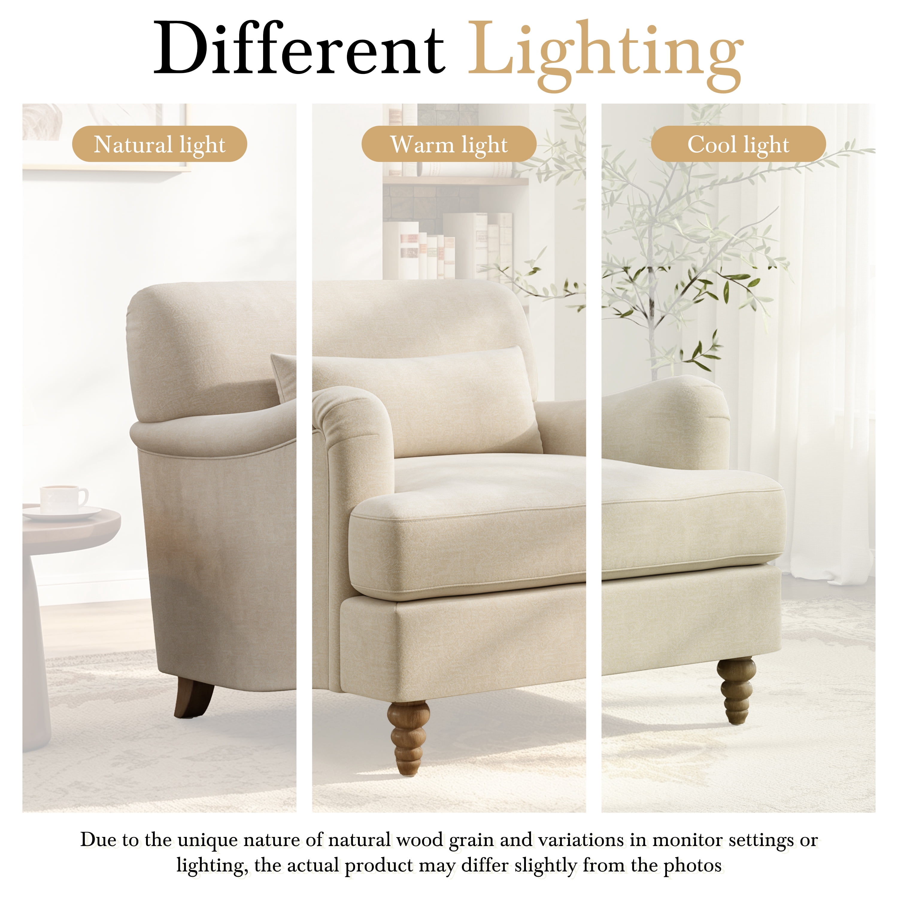GARITIN Oversized Accent Chair 40.5 Inch, Modern Upholstered Armchair with Lumbar Pillow and Turned Wood Legs for Living Room, Beige
