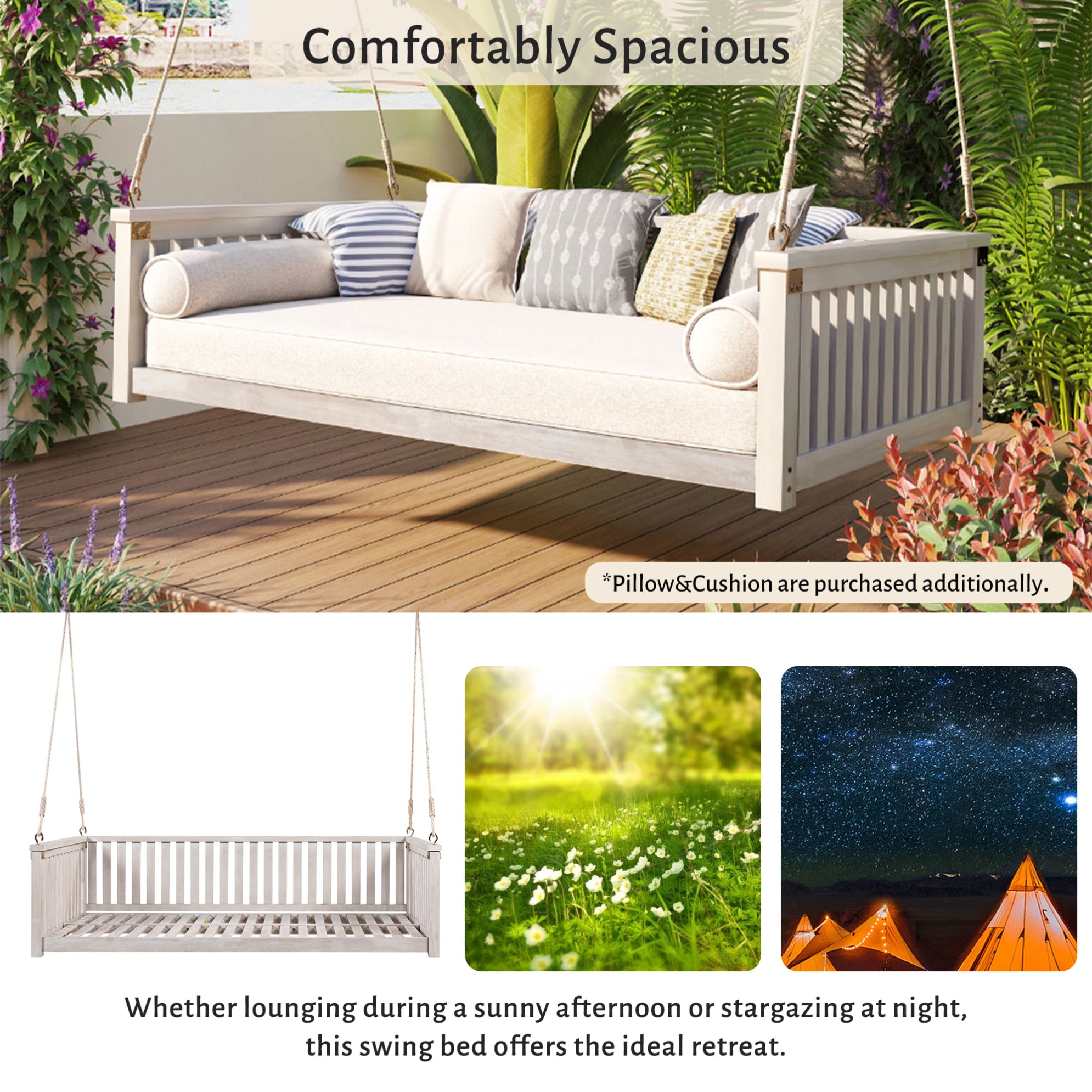 Outdoor Twin Size Garden Swing Bed 2 Person Patio Swing Bench with Hanging Ropes Heavy Duty Hook Safe Sloped Design Wood Hanging Swing Daybed for Backyard Balcony Load 350LBS Gray Walmart