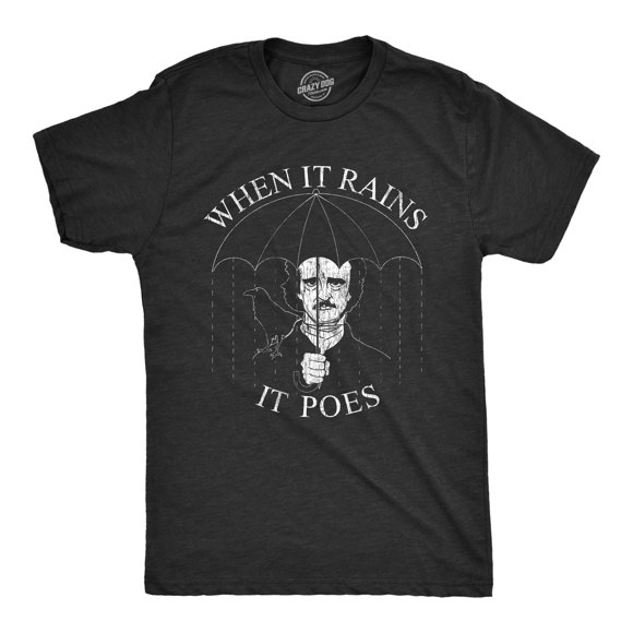 T-shirt pour Hommes « When It Rain It Poes » Drôle Edgar Allan Poe Poésie Graphique Nouveauté (Heather Black) - m