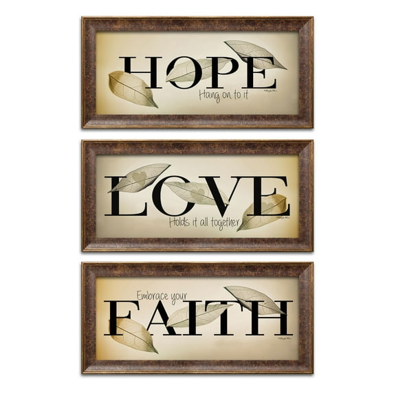 Gango Home Decor Contemporary Embrace Your Faith, Hope - Hang On to It, & Love Holds It All Together by Robin-Lee Vieira (Ready to Hang); Three 18x8in Gold Trim Framed Prints