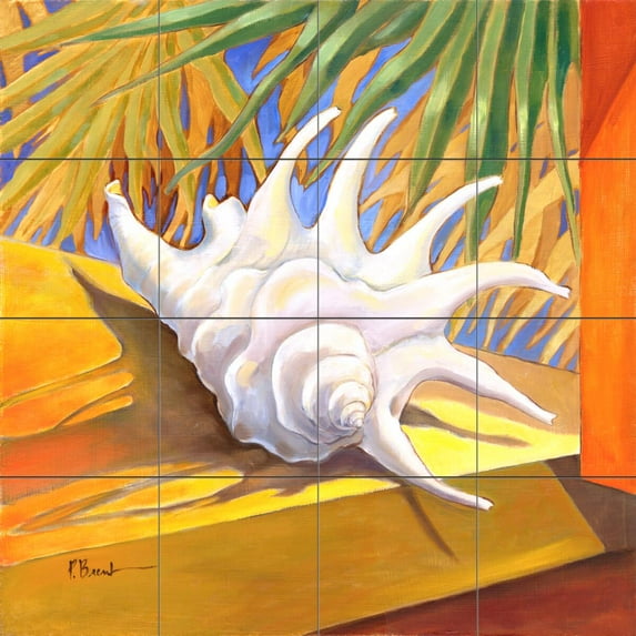 Tile Mural Bathroom Backsplash - White Conch - by Paul Brent