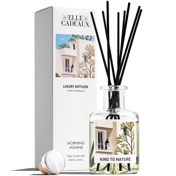 Elle Cadeaux Reed Diffuser Morning Jasmine Scent with Sticks, Floral Essential Oil Home Fragrance, 6oz