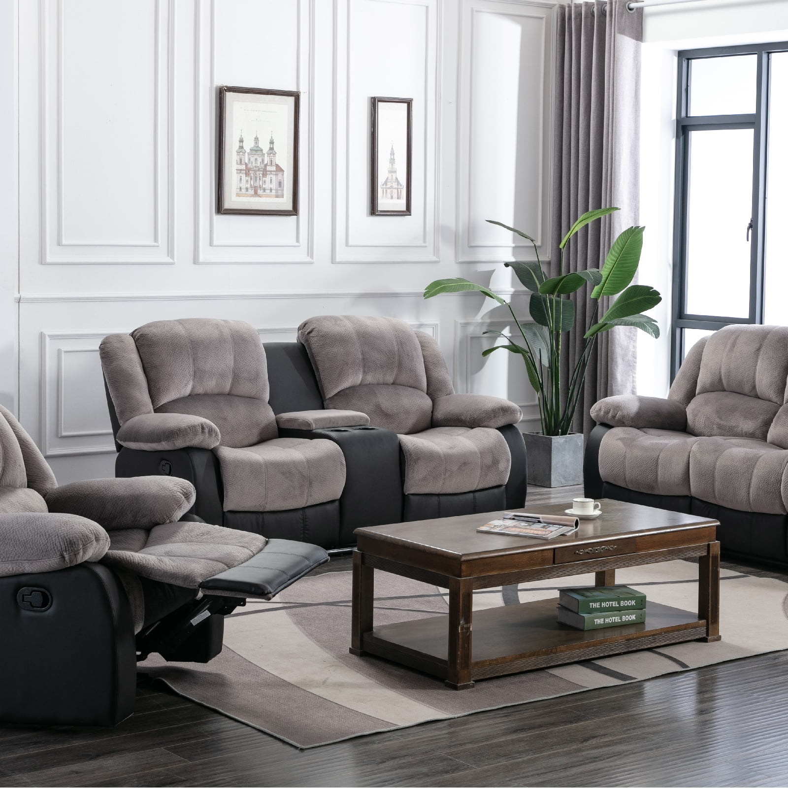 Nathaniel Home Manual Reclining Sofa, PU Leather Upholstered Double Recliner Loveseat, 2-Seater Home Theater Seating with Console, Arm Sofa Recline Chair for Living Room, Gray