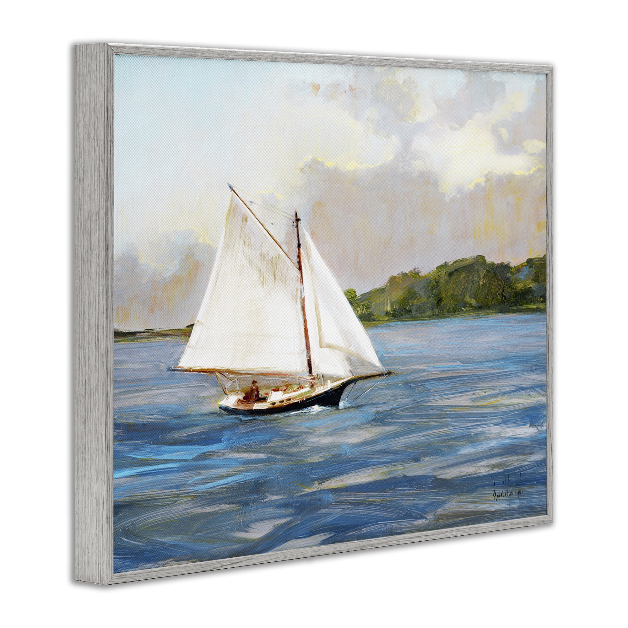Stupell Industries White Sailboat on Calm Blue Sea Gray Framed Giclee Art, design by Katie Swatland